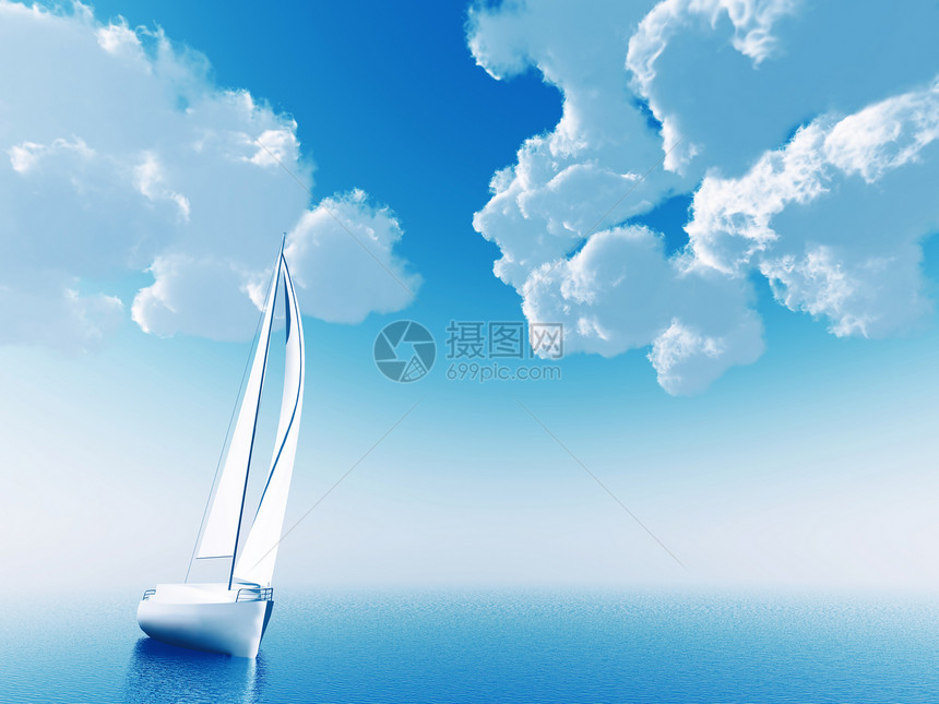 航行于海洋的帆船 其背景为云蓝色天空自由阳光反射闲暇假期运输活动海景海浪插图图片