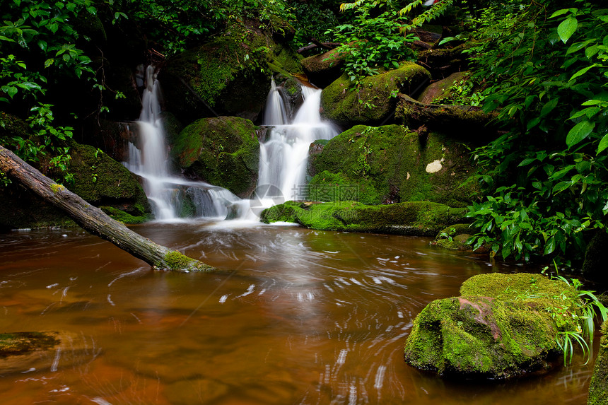 下瀑瀑布热带流动苔藓美丽运动树木旅行石头反射风景图片
