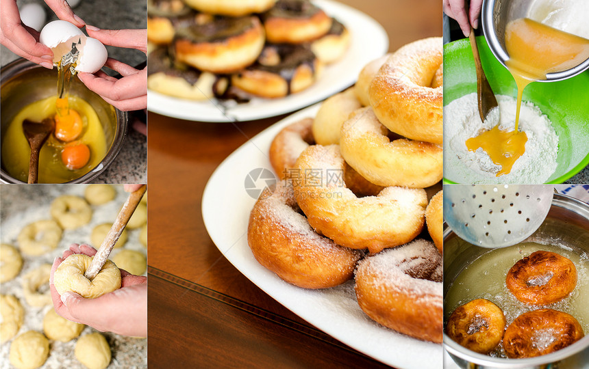 甜甜圈制作拼贴画 六张照片小吃巧克力面团面包油炸相片面粉厨房平底锅甜点图片