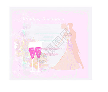 婚礼香槟舞厅舞女和两杯香槟请柬夜生活舞蹈家斑点女性女孩们插图邀请函紫色玫瑰舞蹈设计图片