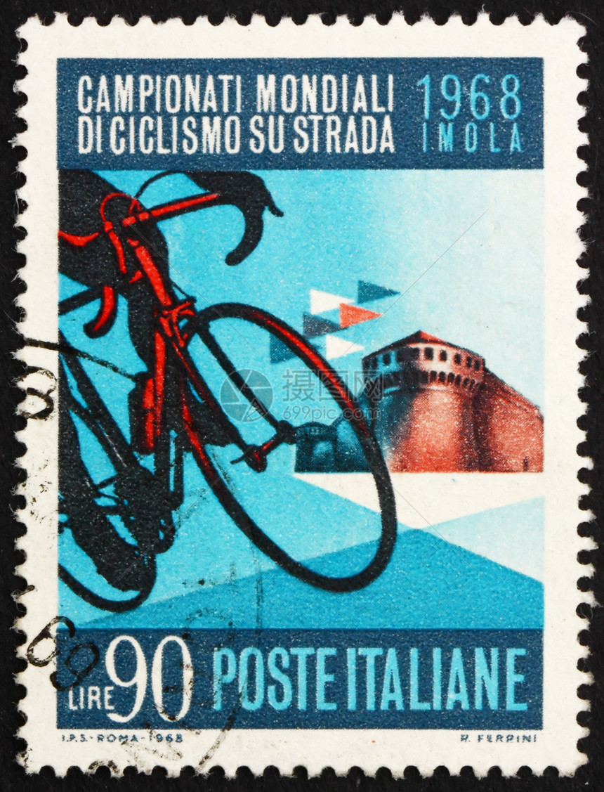 意大利1968年的邮戳显示 伊莫拉Bicycro和Sforza城堡图片