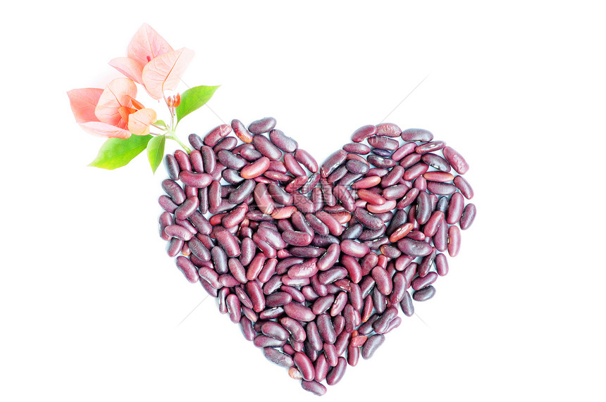 由豆子制成的心脏形状白色卫生叶子红色浪漫花朵保健热情粉色图片
