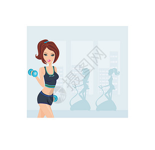 女孩锻炼哑铃妇女在体操中锻炼女士运动装肌肉女性重量健身房娱乐力量自行车微笑设计图片