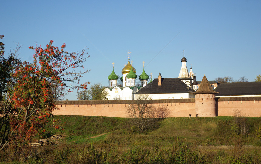 俄罗斯苏兹达尔市的景象花园寺庙土地穹顶旅行教会树叶金戒指旅游地标图片