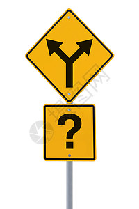 路上的叉子金属背景决策岔路路标警告钻石白色黄色概念背景