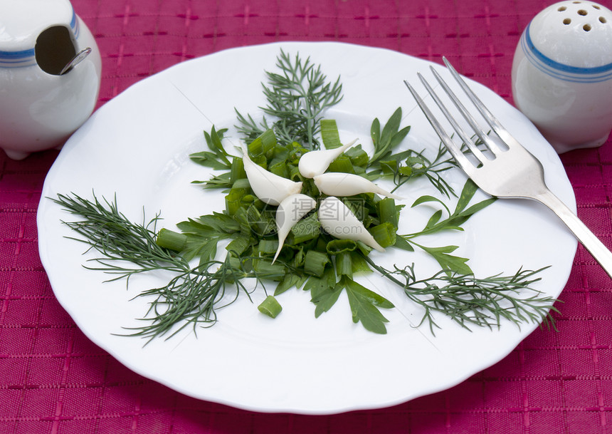 从绿色蔬菜中新鲜开胃沙拉餐厅桌子团体午餐香菜食物金属菜单咖啡店盘子图片