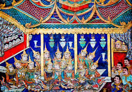 寺庙的祈福墙夏安棉岛 泰国     于1月25日 古老的寺庙绘画背景