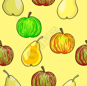 梨型身材无缝水果型苹果和梨豆植物墙纸橙子纺织品种子叶子厨房水果季节食物插画