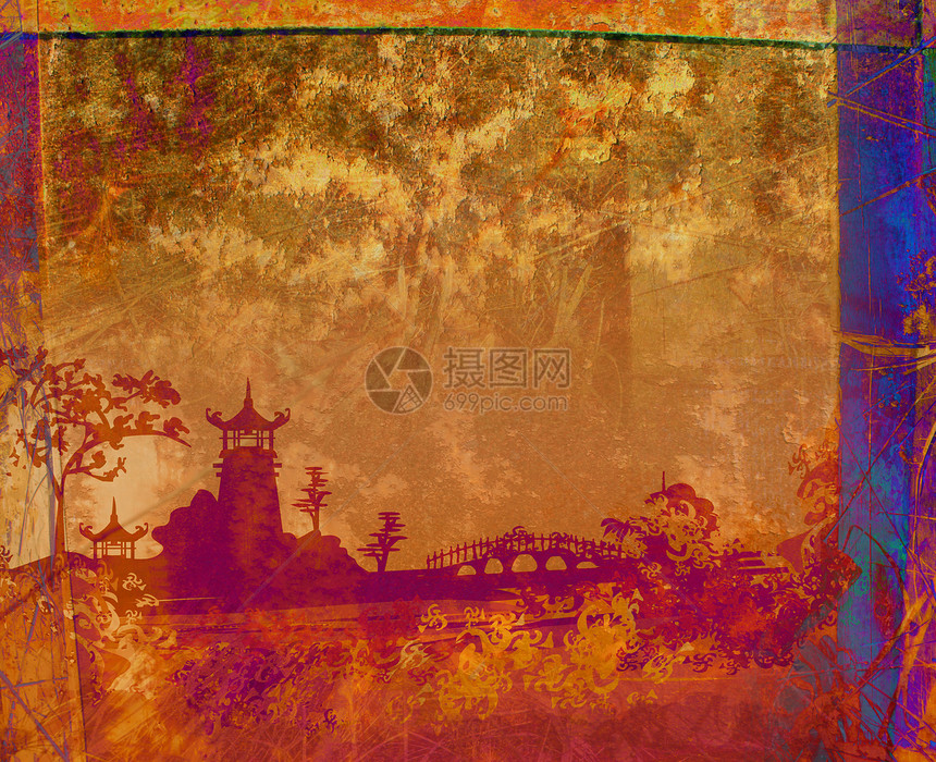 旧纸与亚洲风景花朵樱花宝塔文化插图天空日落花瓣建筑寺庙图片