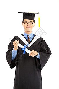 快乐毕业学生的肖像白色文凭多样性证书单身汉男人丝带教育滚动大学背景图片