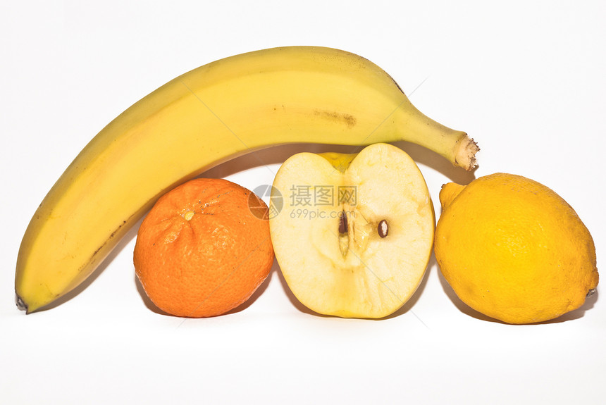 白色背景的水果食物橙子植物情调皮肤异国香蕉柑桔叶子维生素图片