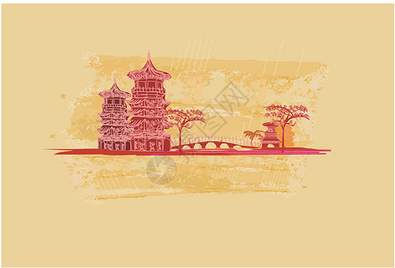 旧亚洲风貌纸植物建筑樱花日落花瓣宝塔插图花朵寺庙文化背景图片