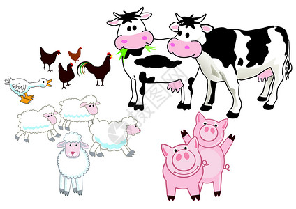 干煸羊肉农场动物栅栏漫画插图卡通孩子小猪鸭子公鸡干草场农业插画