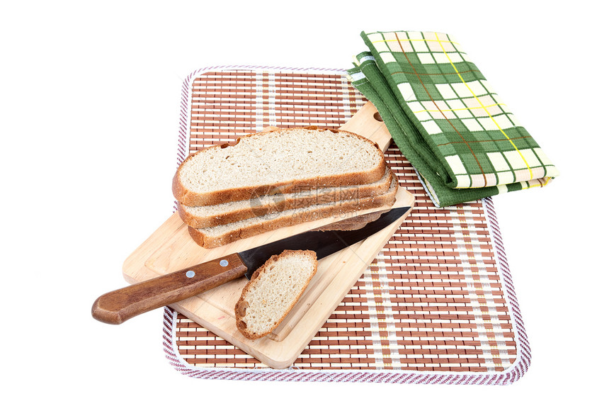 面包切片和刀砍板及毛巾图片