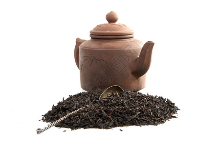 汤匙茶壶和茶背景图片