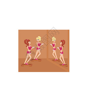 两重一新女孩用两重哑铃锻炼健身房微笑力量运动训练练习黑发镜子女性运动装设计图片