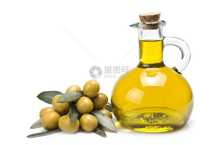 橄榄油和橄榄饮食水果处女瓶子沙拉烹饪玻璃小吃调味品商业图片