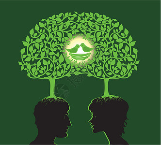 雀巢家庭树绿色树叶男人反射树木夫妻创造力思维想像力母亲插画