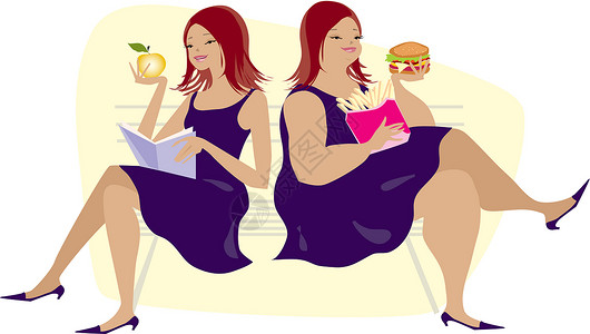 饮食习惯小吃节食减肥营养女学生朋友们黑发平衡数字脂肪插画
