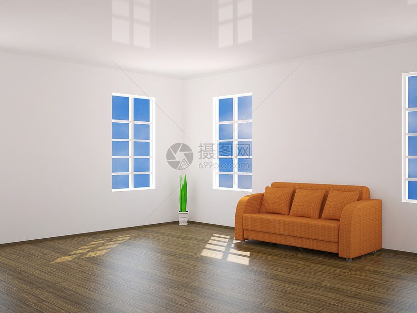 橙色沙发主义者玻璃房间木地板枝形渲染休息摆设闲暇图片