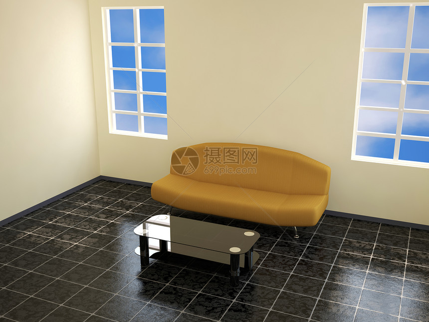 内地有橙色沙发玻璃装饰风格地面长椅瓷砖房间橙子房子桌子图片