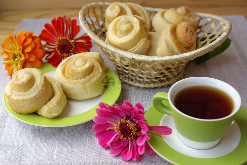 茶会和面包乡村娱乐食品糕点国家早餐蛋糕花朵食物零食图片
