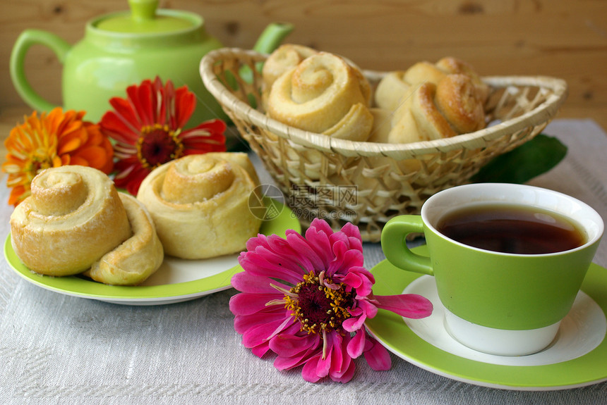茶会和面包娱乐乡村花朵一杯茶零食糕点村庄蛋糕食物甜点图片