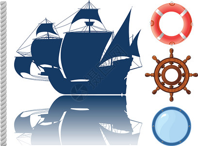 宝马方向盘一组海洋物体水手航行旅行卡通片舷窗游艇安全圈绳索方向盘插画