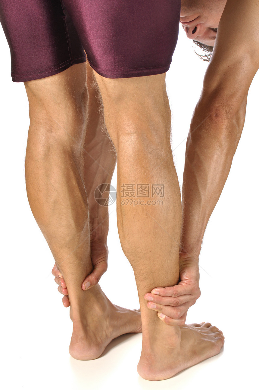 Hamstrings 伸展男性运动员犊牛脚踝倾斜肌肉男人白色图片