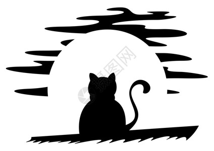 镬耳屋剪影屋顶上的猫咪动物月亮猫科插图沉思小猫场景月光宠物毛皮插画