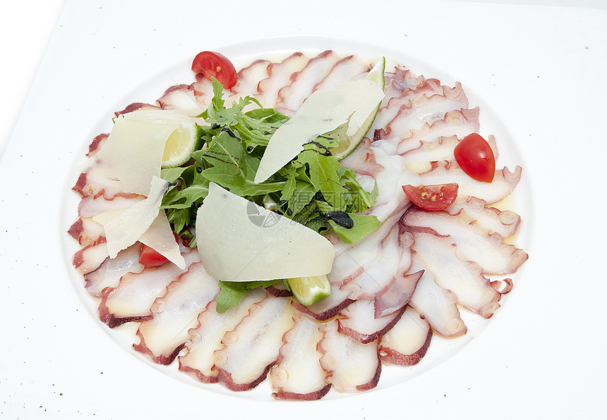 章鱼的卡帕西奥树叶乌贼食物奢华宏观海鲜小吃盘子贝类餐厅图片