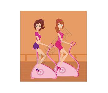 运动自行车上的女孩运动员健身房饮食幸福机器女性身体俱乐部商业有氧运动背景图片