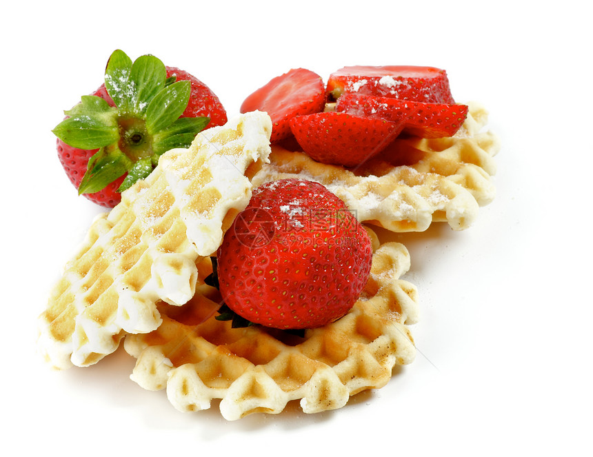 松饼和草莓甜食胡扯小吃小麦色早餐水果晶圆绿色甜点红色图片