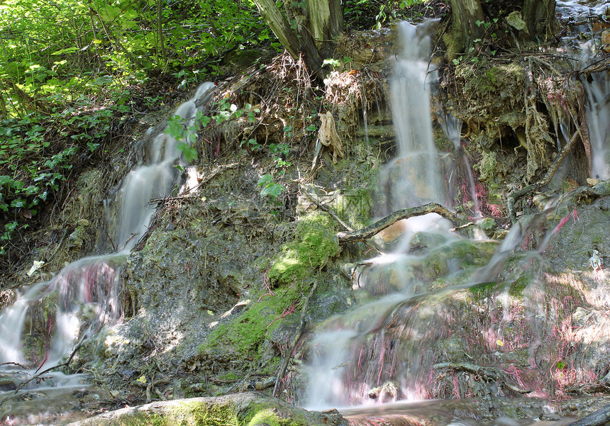 小瀑布岩石风景公园流动叶子旅行森林石头溪流绿色图片