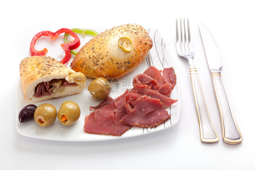 与帕斯特拉米 PTate金子饮食熟食午餐红肉美食早餐食物粮食盘子图片