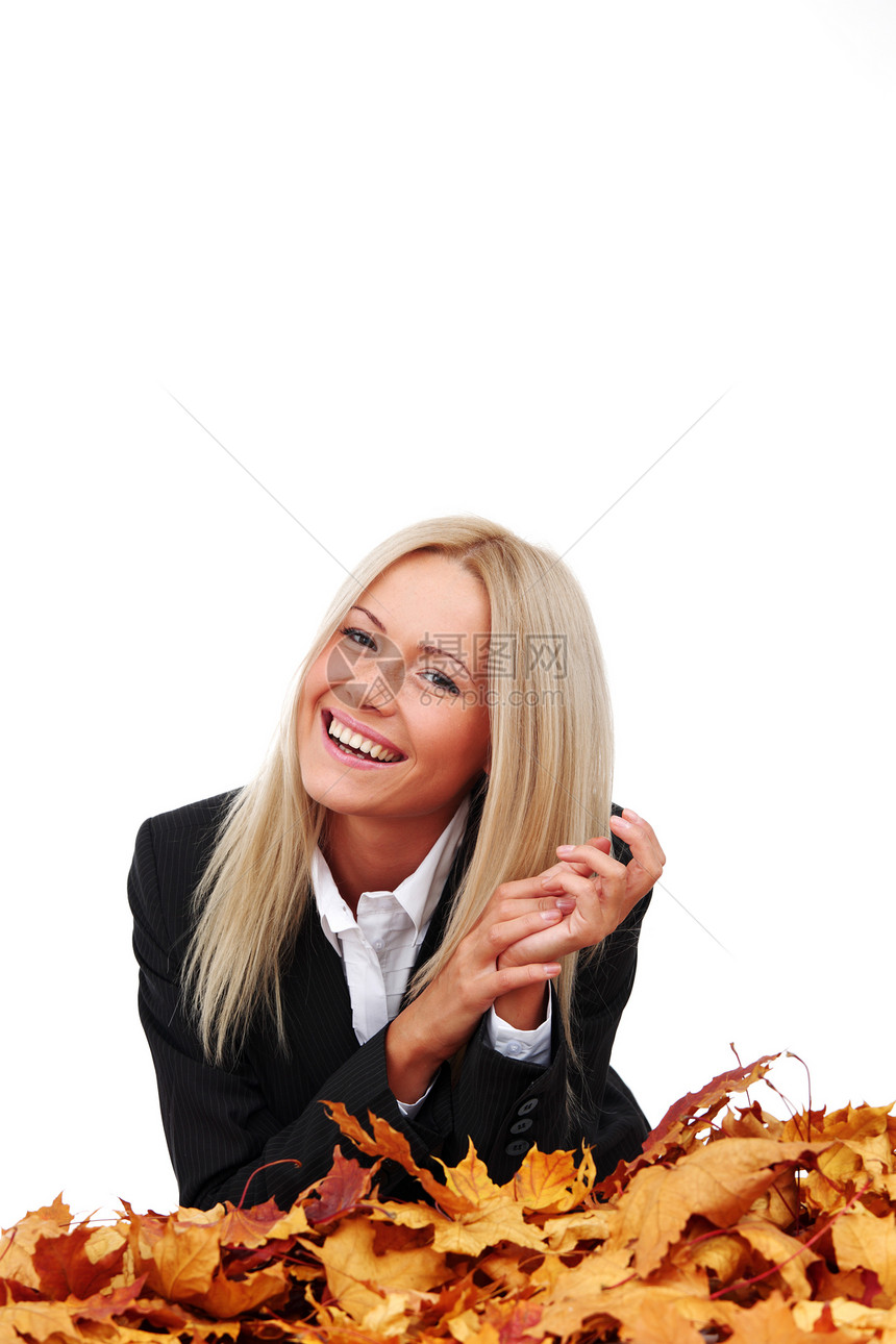 在演播室的秋天女商务人士橙子少年幸福伙伴快乐头发工作室叶子女性商务图片