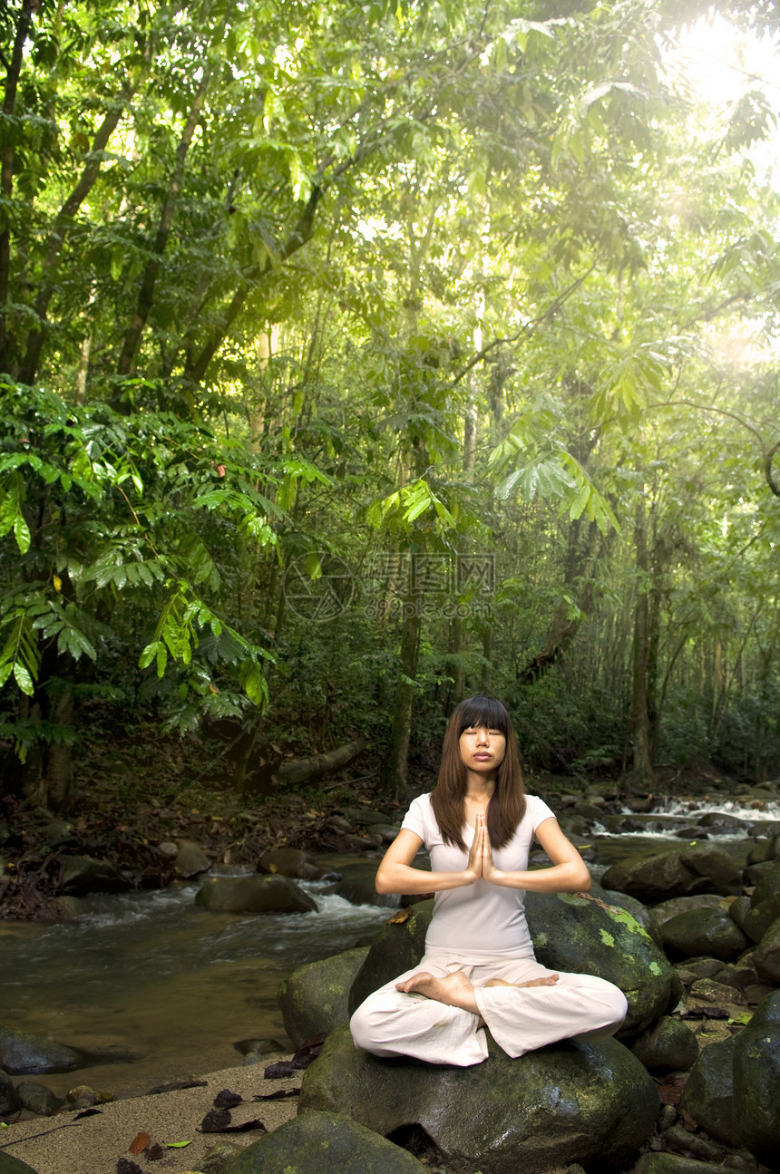 瑜伽阳光冒充溪流石头女性森林沉思成人训练调解图片
