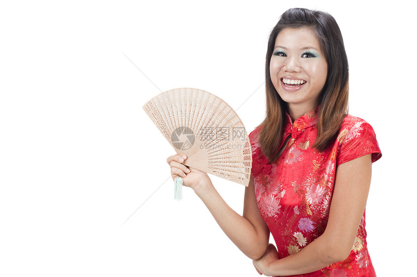 中国新年少女衣服旗袍节日扇子文化戏服姿势幸福繁荣手势图片
