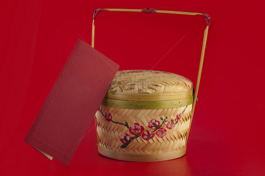 中国新年篮子木头传统运气红色卡片财富文化用具庆典空白图片