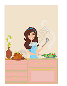 烤翅饭美丽的女人在厨房煎饭衣服沙漠快乐火鸡蓝绿色生活裙子主妇蛋糕勺子设计图片