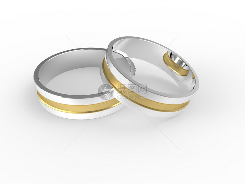 白色背景的金银婚戒和银银婚戒被孤立戒指妻子财富金子宏观仪式结婚珠宝新娘婚姻图片