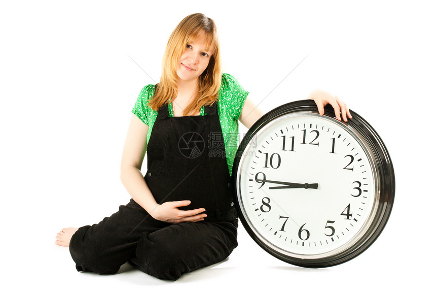 怀孕妇女有时钟妈妈黑色腹部小时白色孩子棉布拥抱时间母性图片
