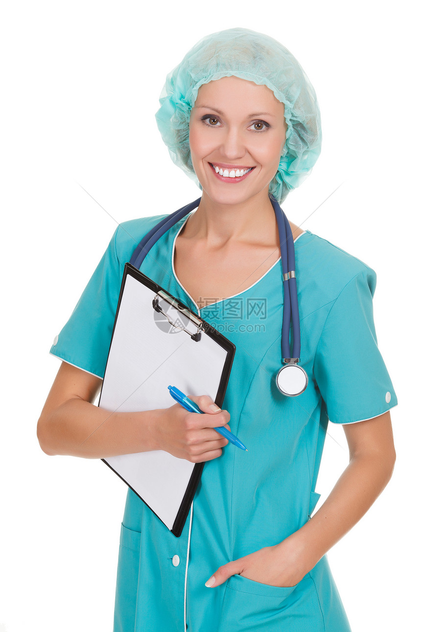 用听诊器和剪贴板向女医生微笑快乐职员处方工人文档工作帽子女性笔记女孩图片