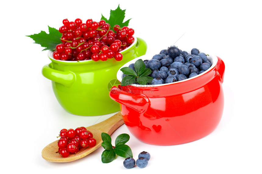 甜美的红草莓和蓝莓 孤立在白后腹瓜上白色果汁食物花园园艺植物水果蓝色醋栗绿色图片
