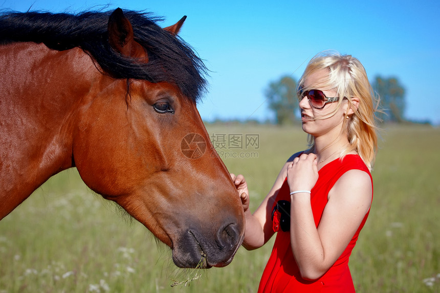 女孩和马头发活动马具闲暇运动孩子快乐友谊小马微笑图片