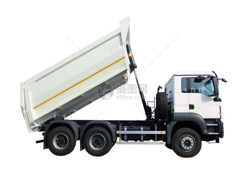 白色上孤立的重白色卡车贸易驾驶车轮商品载体运输货运车辆图片