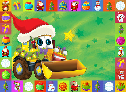 圣诞贺卡儿童快乐插画汽车车辆插画家装饰拖拉机驯鹿玩具孩子们薄片越野卡车微笑背景图片