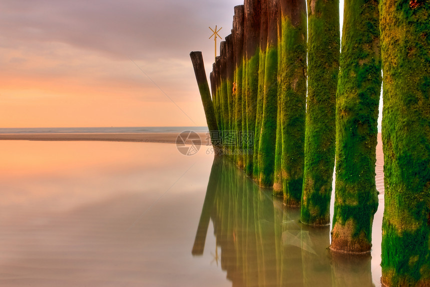 在海滩上木头日出日落安全绿色镜子天空海洋运输反射图片