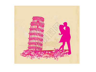 中苏友谊塔在比萨的年轻一对旅游者男生正方形闲暇倾斜快乐喜悦夫妻奇迹团队女性插画