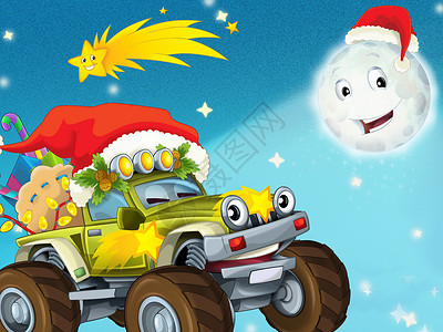 卡通在夜晚微笑的月亮与星星圣诞节朋友孩子们的插图 圣诞朋友月光飞行城市天空机器发动机车辆轮子引擎飞机背景图片
